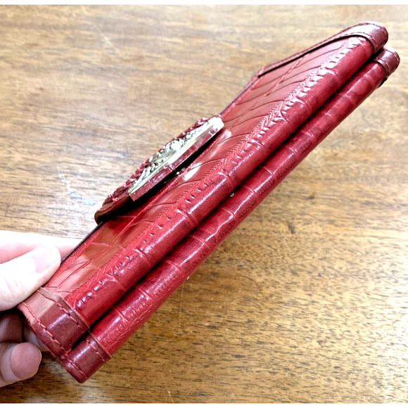 Vintage Y2K Red Leather Checkbook Wallet Moc Croc Silver Heart Clutch Purse - Picture 8 of 8